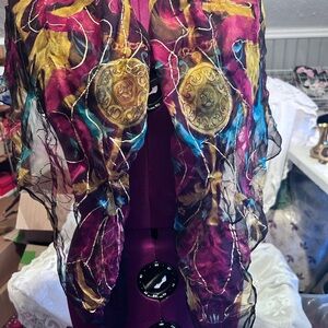 Sheer floral print scarf with metallic thread accents- kneck scarf, hair scarf -